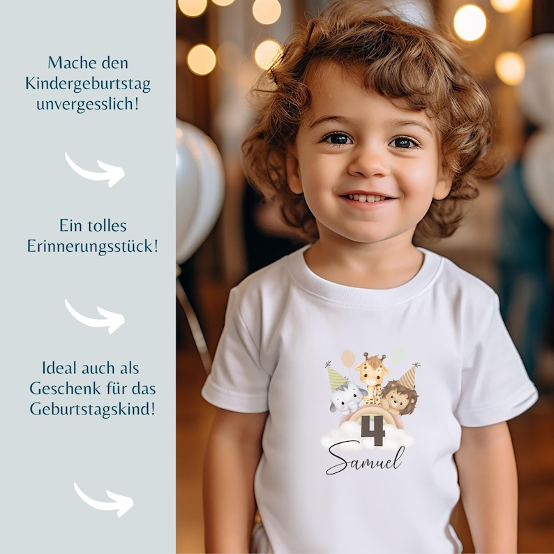 May include: A white short-sleeved t-shirt featuring a graphic of a giraffe, a lion, and an elephant wearing party hats, sitting on a cloud above the number 4 and the name Samuel in black script. The text on the left reads Mache den Kindergeburtstag unvergesslich!