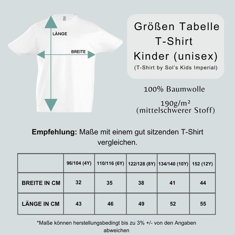 Peut inclure: Un tableau des tailles pour t-shirt d'enfant blanc. L'image montre le contour d'un t-shirt avec des fl&egrave;ches indiquant la longueur et la largeur, ainsi qu'un tableau des tailles de 4Y &agrave; 12Y avec des mesures en centim&egrave;tres. Texte : Gr&ouml;ssen Tabelle T-Shirt Kinder, 100% Baumwolle, 190g/m2.