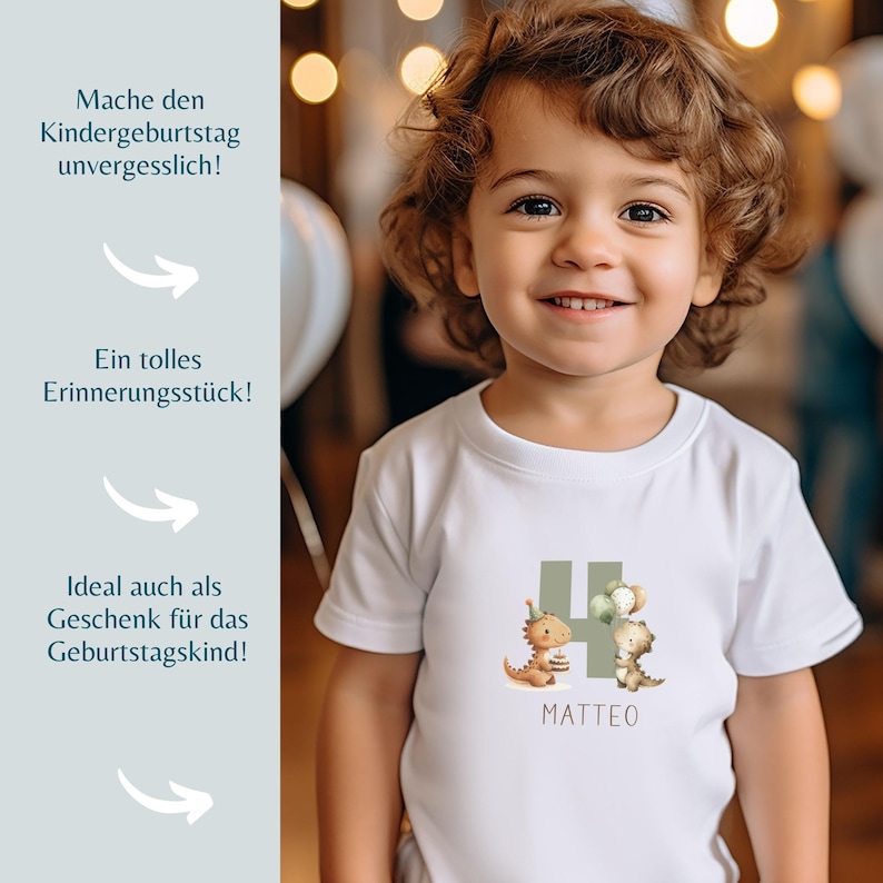May include: A white t-shirt with a dinosaur graphic and the name "MATTEO" printed below. The graphic includes the number "4" and the text "Mache den Kindergeburtstag unvergesslich!" and "Ein tolles Erinnerungsst&uuml;ck!"