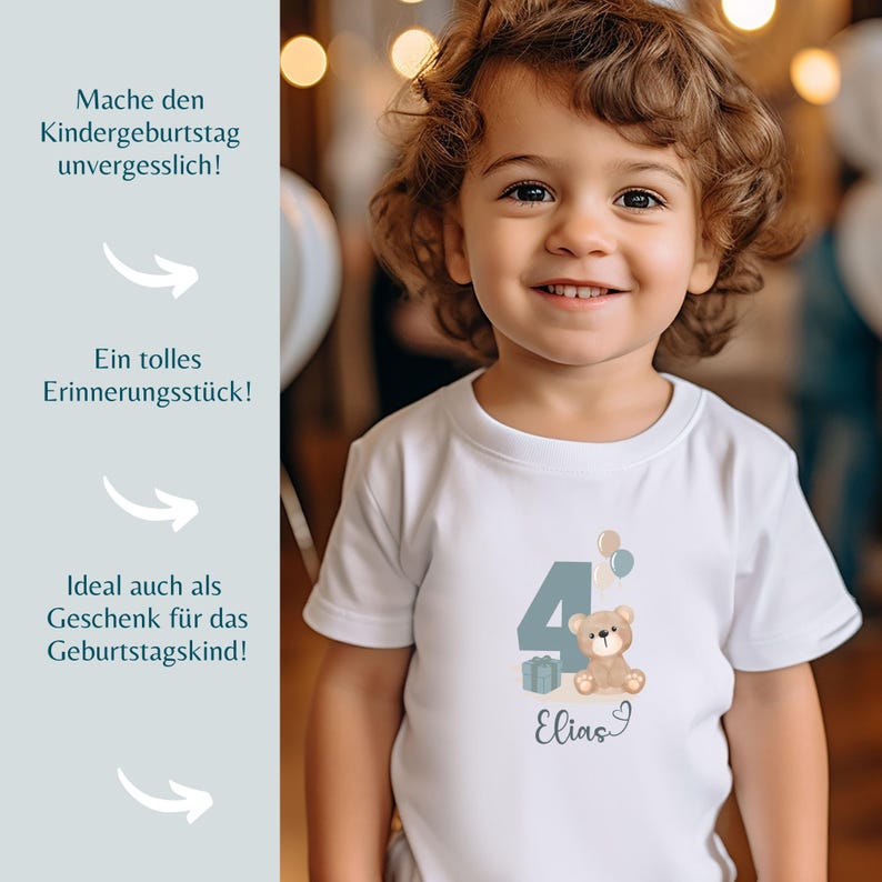 Peut inclure: Un t-shirt blanc &agrave; manches courtes avec un motif repr&eacute;sentant le chiffre 4, un ours en peluche marron, un cadeau et deux ballons. Le pr&eacute;nom Elias est imprim&eacute; sous le motif. Le texte sur la gauche indique Mache den Kindergeburtstag unvergesslich!, Ein tolles Erinnerungsst&uuml;ck!, et Ideal auch als Geschenk f&uuml;r das Geburtstagskind!