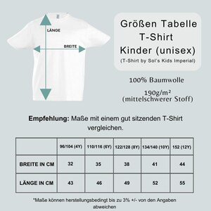 May include: A white short-sleeved t-shirt size chart for children. The graphic displays a t-shirt outline with length and width arrows, a table listing sizes from 4Y to 12Y, and measurements in centimeters for width and length. Text includes Gr&ouml;ssen Tabelle T-Shirt Kinder, 100% Baumwolle, and 190g/m2.