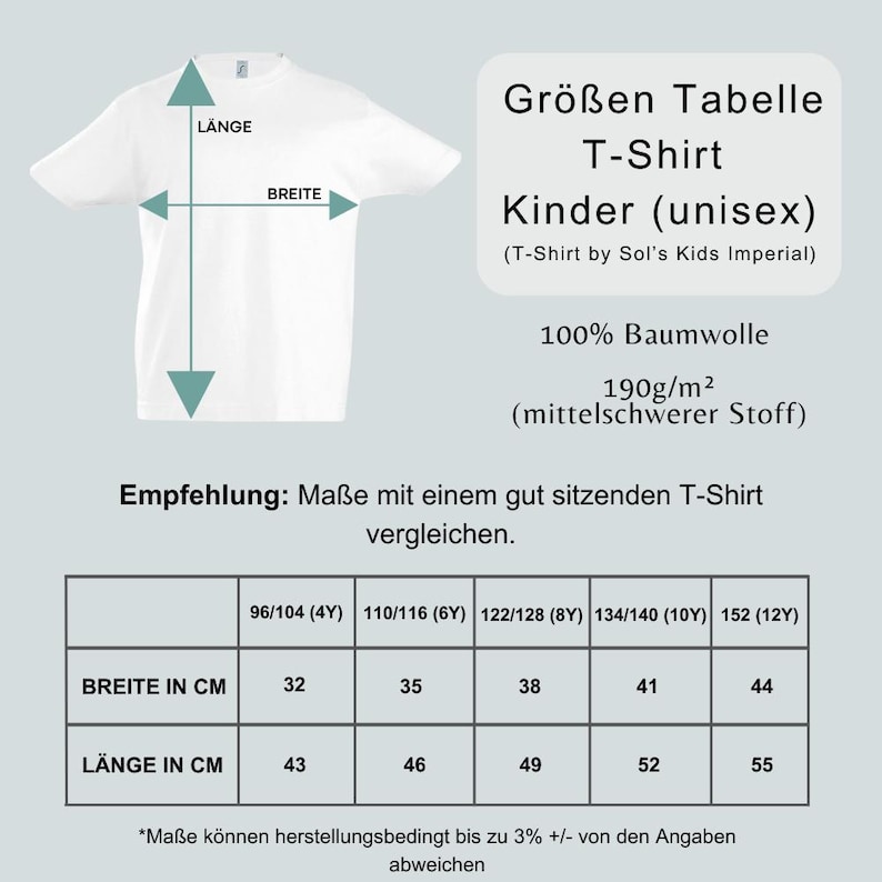 May include: A white short-sleeved t-shirt size chart for children. The graphic displays a t-shirt outline with length and width arrows, a table listing sizes from 4Y to 12Y, and measurements in centimeters for width and length. Text includes Gr&ouml;ssen Tabelle T-Shirt Kinder, 100% Baumwolle, and 190g/m2.