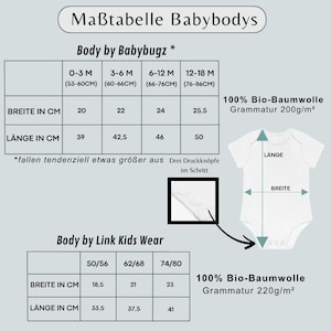 May include: A sizing chart for baby bodysuits titled Ma&szlig;tabelle Babybodys, featuring two tables for Babybugz and Link Kids Wear brands. It displays width and length measurements in centimeters for various age ranges, alongside a white bodysuit illustration.