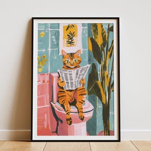 Impresión artística de gato de Bengala leyendo el periódico en el inodoro, divertida decoración de baño, arte de pared novedoso, regalo caprichoso para amantes de los gatos, póster de gato de Bengala
