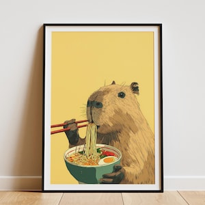 Cute Capybara Eating Ramen Noodles with Chopsticks Humorous Animal Wall Art Print for Kitchen Decor Unique Foodie Illustration Poster Gift image 1