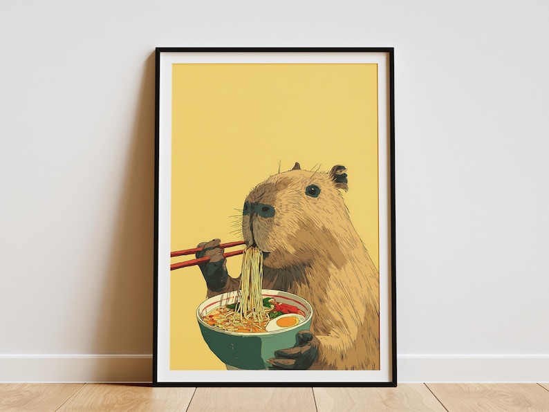Cute Capybara Eating Ramen Noodles with Chopsticks Humorous Animal Wall Art Print for Kitchen Decor Unique Foodie Illustration Poster Gift image 1