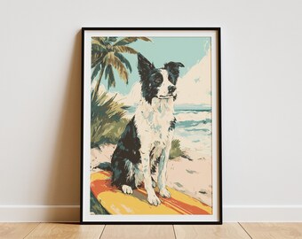 Border Collie, surfhund, strandkonsttryck, havsvågor, palmträd, väggdekor, kustnära, vardagsrum, heminredning, presentidé för husdjursälskare, sommarsemester