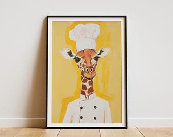 Giraffe Chef Art Print Kitchen Decor Funny Animal Poster Quirky Wall Art Restaurant Decor Gift for Chef Animal Portrait Foodie Art
