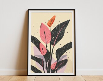 Minimalist Plant Poster Abstract Modern Wall Art Botanical Illustration Home Decor Print Pink Green Leaves