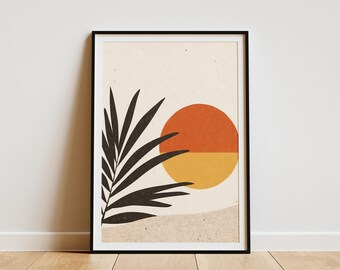 Minimalistischer Wanddruck mit Palmenwedeln, Strand-Sonnenuntergang, tropische Sommerästhetik, Boho-Stil, Wohndeko, Poster in Orange, Gelb und Schwarz, moderner Sand