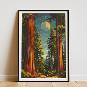 Cartaz de impressão de floresta de sequoias da Califórnia Cartaz de viagem vintage Arte da natureza moderna de meados do século