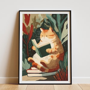 Cozy Cat Reading Book Art Print Cute Feline Book Lover Decor Charming Illustration for Animal Enthusiasts and Literary Homes