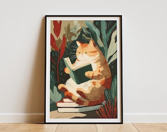 Cozy Cat Reading Book Art Print Cute Feline Book Lover Decor Charming Illustration for Animal Enthusiasts and Literary Homes