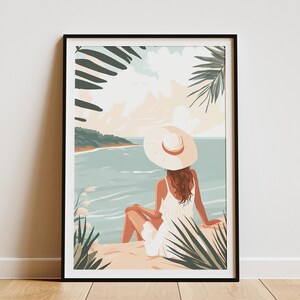 Póster de mujer en la playa de verano, impresión artística minimalista, decoración de pared costera, decoración de casa de playa, vibraciones de verano, impresión de vacaciones tropicales, decoración bohemia