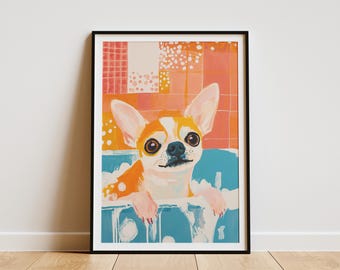 May include: Framed art print of a Chihuahua dog in a bathtub. The dog has a white and orange coat, large ears, and big brown eyes. The background features orange and blue tones, creating a vibrant and playful aesthetic.