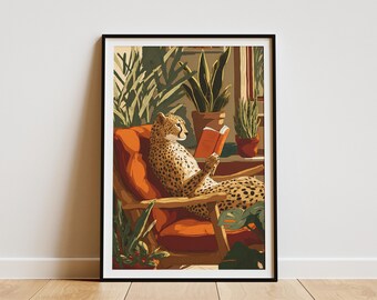 Fantazyjny gepard czytający książkę w brązowym skórzanym fotelu, wydruk artystyczny, przytulny wystrój dla miłośników zwierząt, wyjątkowa biblioteka kotów, sztuka ścienna, prezent do domu w stylu safari