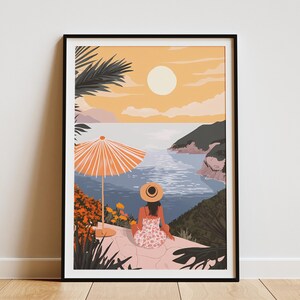 Póster con impresión de arte de pared para decoración del hogar, playa, atardecer, mujer costera, vista al océano, mar, paraíso, Mediterráneo