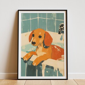 Dackel Welpe Art Print Süßer Hund Poster Badezimmer Wandkunst Verspielter Welpe in Wanne Moderne Kunst Dackel Liebhaber Geschenk Welpe Badezeit Kunst