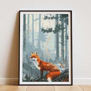 Misty Woodland Fox Poster Nature Art Print Forest Animal Wall Decor Vintage Travel Poster Abstract Woodland Decor