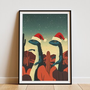 Weihnachten Eidechsen Wüste Kaktus Urlaub Poster Vintage Reptil Kunstdruck Lustige Tier Illustration Geschenkpapier Dekor Southwestern