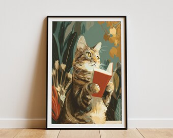 Grillige lezing kat Art Print gezellige katachtige boekenliefhebber poster schattige Cyperse kat literaire muur decor unieke dierlijke kunst cadeau voor lezers