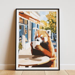 Impresión artística de cafetería Red Panda, estilo Matisse, acogedora cafetería, póster, regalo para amantes de los animales, decoración de pared caprichosa, linda ilustración, decoración del hogar