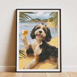 Bernedoodle Beach Vacation Poster Dog with Wine Art Print Tropical Holiday Home Decor Coastal Wall Art Dog Lover Gift Bernedoodle Gift