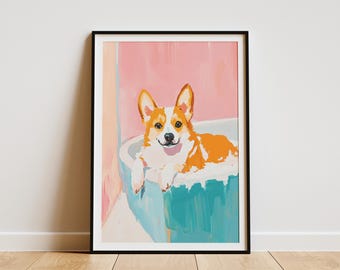 May include: A framed art print featuring a Corgi dog in a bathtub. The dog has orange and white fur and is smiling. The bathtub is painted in shades of blue and the background is pink. The artwork is displayed in a black frame.