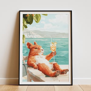 Summer Coast Pika Poster Cute Animal Print Beach Pika Art Orange Pika Illustration Coastal Animal Decor Summer Vibes Relaxing Pika Funny