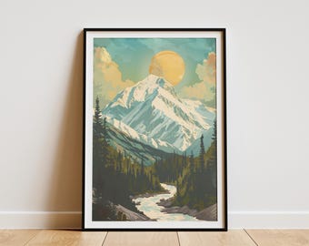 Denali nationalpark affisch Vintage reseaffisch berg konsttryck Alaska landskapskonst