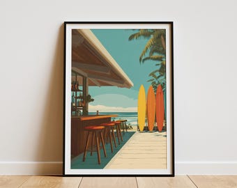 Tiki Bar Surfboard Poster Print Hawaii Art Minimalist Beach Wall Art Vacation Home Decor Tropical Print Surf Art Print Coastal Decor Beach