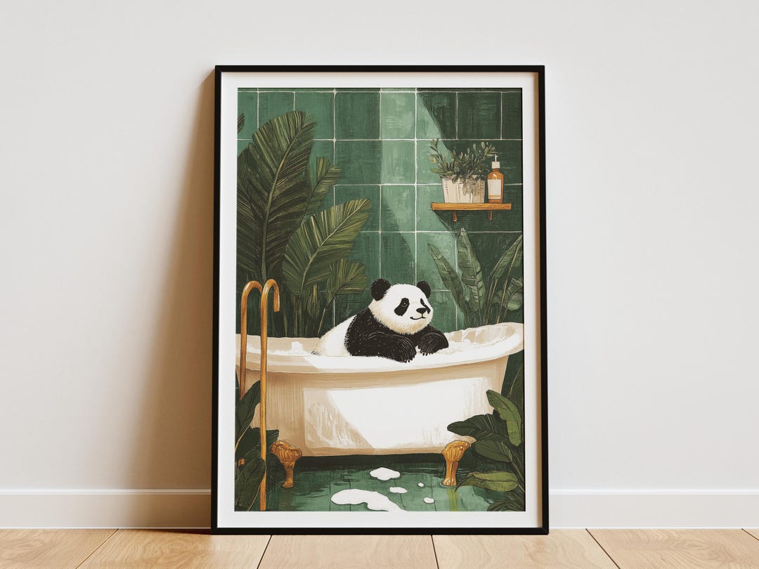 Cute Panda in a Bathtub With Plants Green Bathroom Wall Art Poster ...