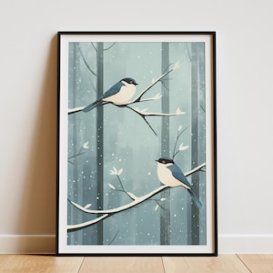 Wintervögel auf frostigen Ästen Verschneite Waldvögel Winterkunst Druck Verschneiter Baum Poster Minimalistische Vogelillustration Blauer Vogelkunst