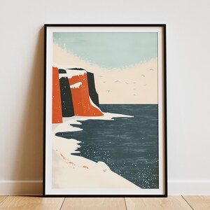 Póster de viaje vintage con paisaje marino, acantilados de costa invernal, océano, impresión artística minimalista escandinava, paisaje de playa nevado, decoración de pared, decoración del hogar