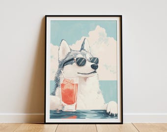 Cool Husky Dog Summer Beach Cocktail Print Dog Art Summer Poster Pet Lover Gift Funny Animal Poster Cute Dog Wall Decor Modern Dog Print