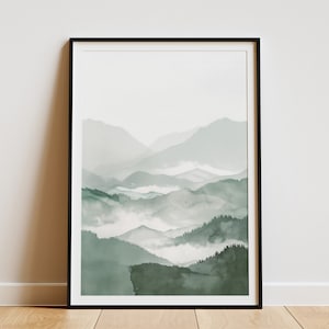 Impresión minimalista de acuarela de montaña, arte mural japonés, póster de paisaje abstracto de montañas brumosas, arte de naturaleza verde