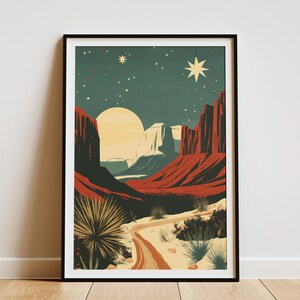 Big Bend National Park Festive Travel Poster Vintage Texas Desert Landscape Art Print Southwestern Holiday Decor Christmas Gift Red and