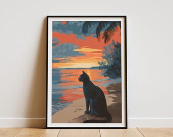 Russian Blue Cat Hawaii Beach Sunset Ocean View Coastal Art Print Feline Wall Decor Pet Lover Gift Minimalist Tropical Travel Poster