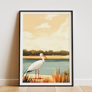 White Ibis Poster River Estuary Print Flat Digital Illustration Bird Art Print Nature Poster Coastal Decor Home Decor Wall Art Print