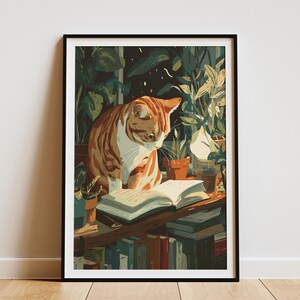 May include: A framed art print depicts a ginger and white cat engrossed in a book, surrounded by potted plants. The illustration has a warm color palette, with the cat and book illuminated by soft light. Bookshelves are visible in the background.