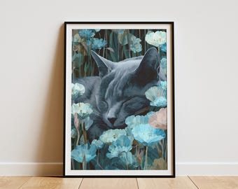 May include: A framed art print featuring a gray cat sleeping peacefully amidst blue and white flowers. The artwork has a painterly style, with soft colors and a serene atmosphere. The cat's fur is a muted gray, contrasting with the vibrant floral arrangement.