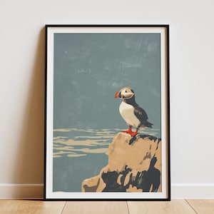 Póster de frailecillo, arte de pared costero, impresión de acantilado oceánico, impresión de arte de frailecillo de estilo vintage, decoración de casa de playa, arte de aves náuticas, amante de las aves marinas