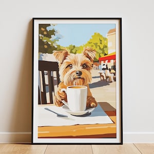Póster de Yorkshire Terrier tomando café, regalo para amantes de los perros, lindo cachorro, arte de pared, impresión artística de café, decoración de cafetería, impresión artística de Yorkie, Yorkshire Terrier