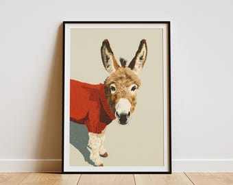 Christmas Donkey Art Print Festive Holiday Sweater Animal Decor Cute Winter Wall Art Farmhouse Home Decor Unique Gift Idea