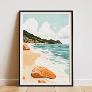 Póster de olas de playa, impresión minimalista del océano, arte de la orilla del mar en calma, decoración de pared de vacaciones de verano, decoración del hogar costero, impresión artística moderna de verano