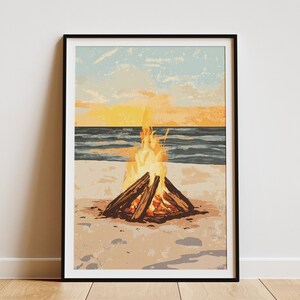 Póster con puesta de sol, hoguera en la playa, océano, cálidas noches de verano, arte costero con fuego, escena romántica de playa, decoración de pared, regalo de vacaciones de verano