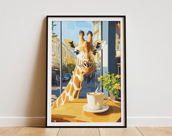 Giraffe Cafe Art Print Animal Coffee Poster Whimsical Giraffe Wall Art Coffee Shop Decor Giraffe Lover Gift Animal Illustration Art Print