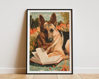 Póster único de perro pastor alemán inteligente leyendo un libro. Lámina artística para exteriores. Decoración de pared para amantes de los perros, perros tranquilos y literarios.