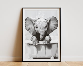 Baby Elephant in Bathtub Poster Print Bathroom Wall Art Animal Art Print Kids Room Decor Nursery Art Cute Elephant Art Print