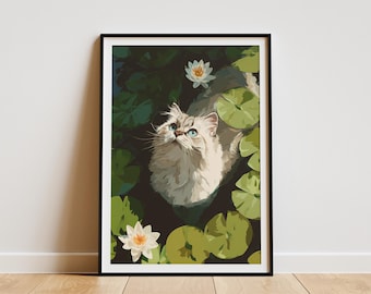 May include: Framed art print featuring a white cat with blue eyes gazing upwards. The cat is surrounded by green lily pads and white water lilies. The artwork is set in a dark, moody pond scene.